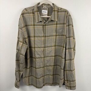 prAna Mens XXL Plaid Flannel Button Down Shirt Olive Green Yellow Long Sleeve